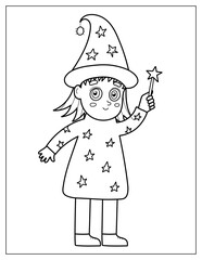 Halloween coloring page with a cute witch. Girl in magician costume in cartoon style for coloring book. Vector illustration