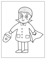 Halloween coloring page with a cute vampire boy. Trick or treat kid in Dracula costume in cartoon style for coloring book. Vector illustration