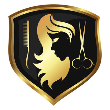 recommend clip art: Golden shield with scissors and comb. Girl face silhouette with curls of hair