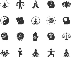 Vector set of meditation flat icons. Contains icons mindfulness, balance, inner peace, self-knowledge, group meditation, inner concentration, spiritual practice and more. Pixel perfect.