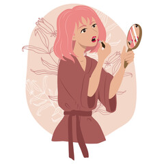 The girl in the housecoat paints her lips with lipstick looking in the mirror. The girl does makeup, paints her face. Creates a fashionable image. The flat style vector illustration isolated on a whit