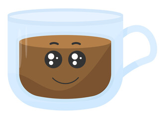 Sticker funny coffee mug with kawaii emotions. Kawaii faces.Cartoon illustration without background