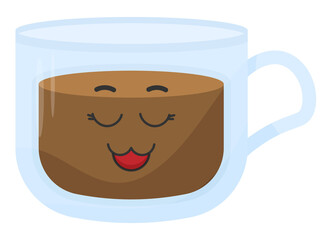 Sticker funny coffee mug with kawaii emotions. Kawaii faces.Cartoon illustration without background