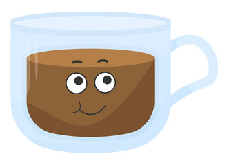 Sticker funny coffee mug with kawaii emotions. Kawaii faces.Cartoon illustration without background