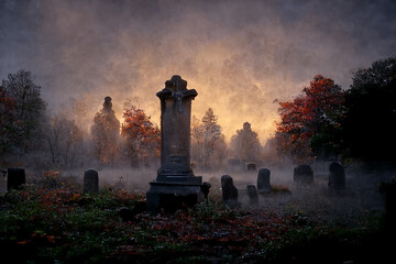 Fototapeta na wymiar Old abandoned cemetery on a sunny autumn morning.Digtal art