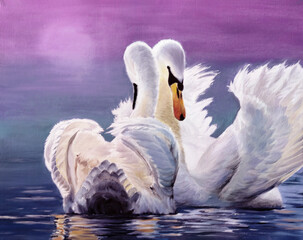 Oil painting of two graceful white swans lit by the sun on a misty blue lake © Мария Тарасова