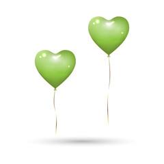 Heart balloons in pastel green solid colour with gold ribbons. Isolated on white background with shadow, mockup template object. Realistic 3D vector illustration.