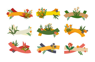 Ribbons and flowers border invitation greeting romantic announce decor set vector flat illustration