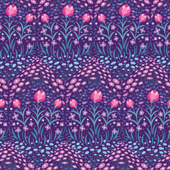 Seamless pattern with pink lilac and blue flowers. Print for textile design.