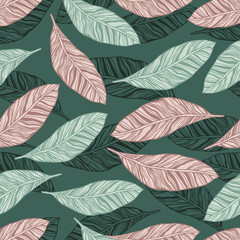 Seamless vintage pattern with green and brown leaves on a dark background.