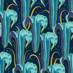 Seamless abstract pattern with tropical flowers in blue and green tones.