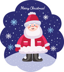 Christmas vector illustration with Santa on a blue background with snowflakes.