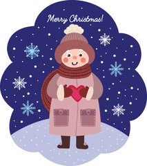 PrintChristmas vector illustration with a child in a coat on a blue background with snowflakes.