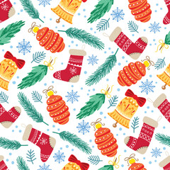 Christmas seamless pattern with toys. fir branches, snowflakes, balloons.