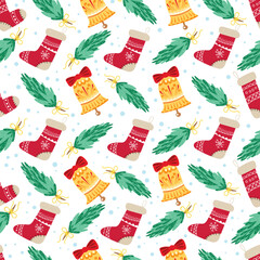 Christmas seamless pattern with fir twigs and a bell.