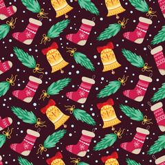 Christmas seamless pattern with fir twigs and a bell.