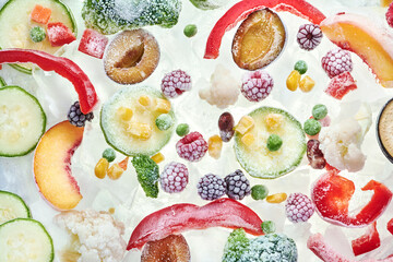 Slices of frozen vegetables on ice. Stocks of food consept. Top view. Background
