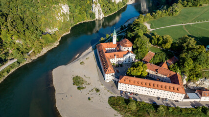 Aerial view of Weltenburg Monastery, Benedictine Abbey, on the Danube, Kelheim, Bavaria, Germany © David Brown