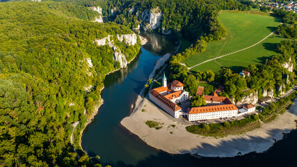 Aerial view of Weltenburg Monastery, Benedictine Abbey, on the Danube, Kelheim, Bavaria, Germany