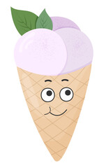 Sticker funny ice cream with kawaii emotions. Kawaii faces.Illustration of cartoon ice cream without background