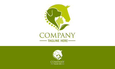 Green Color Horse, Dog, Cat Animal With Leaf Logo Design