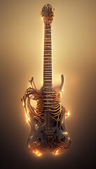 Metal Skull Fire Cool Fantastic Rock and Roll Electric Guitar. Popular Instrument. Concept Art Scenery. Book Illustration. Video Game Scene. Serious Digital Painting. CG Artwork Background.
