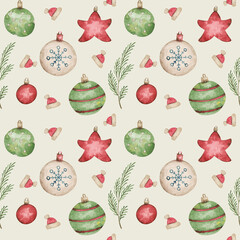 Christmas seamless pattern with balls, fir branches, cute holiday elements on beige background