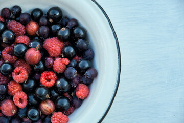 Fresh berries on white background, copy space. Summer harvesting concept.