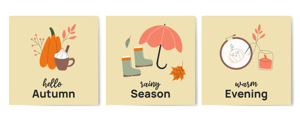 Autumn mood greeting hand drawn card poster template. Welcome fall season thanksgiving invitation. Minimalist postcard with pumpkin, umbrella, needlework. Vector illustration in flat style.