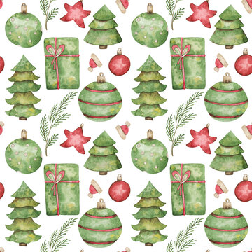 Christmas Seamless Pattern With Spruce, Fir Branches, Balls, Presents. Red And Green Holiday Background