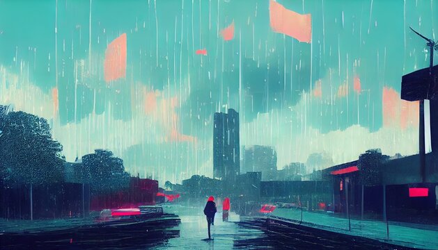 Abstract rain landscape. Rainy background. Digital painting of rainy day. Storm minimal backdrop. Peaceful, calm rain artwork.