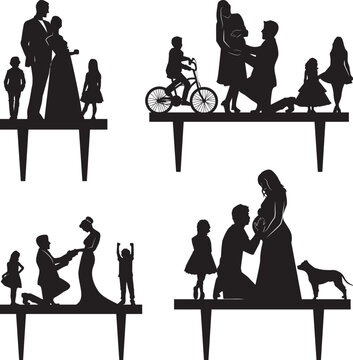 Wedding topper silhouettes, bride and groom, marriage, Family, children, dog, vector.