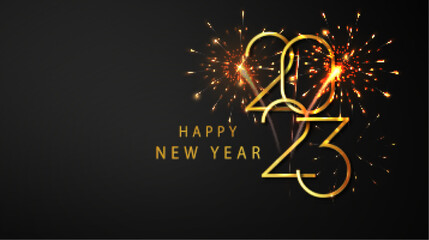 2023 Happy new year. Happy New Year Banner with Golden metallic numbers date 2022 and flickering fireworks. Dark luxury background. Vector illustration