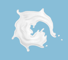 Milk splash isolated on blue background. Realistic vector illustration.