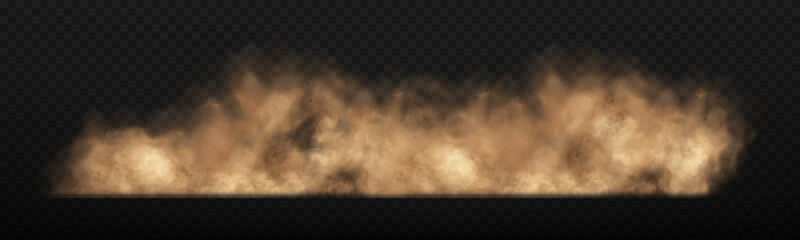 Dust sand cloud with stones and flying dust particles isolated on transparent background. Brown dusty cloud or dry sand flying. Realistic vector illustration. - obrazy, fototapety, plakaty