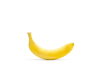 Foto op Plexiglas Un plátano sobre un fondo blanco liso y aislado. Vista de frente y de cerca. Copy space © Mercedes Fittipaldi