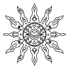 Esoteric mandala line art, outline, coloring page illustration. Spiritual sun with the third eye in the middle, signs of lightning, love, and hearts, palms. Concept T-shirt print illustration.