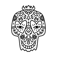The smiling Sugar Skull mandala line art, outline, and coloring page illustration. Day of the Dead symbol, Spiritual skull with the flowers decoration, fire, heart eyeglasses, leaves.