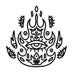Esoteric mandala line art illustration. Spiritual fire with eyes, the third eye in the middle, teardrop, flowers. Concept T-shirt print illustration.