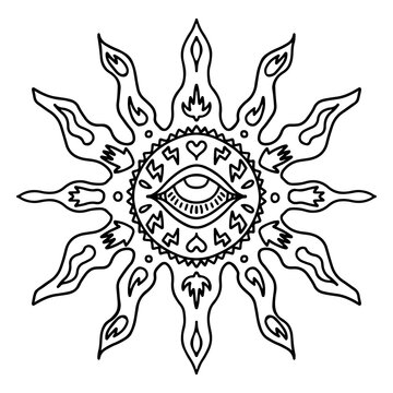 Esoteric mandala line art, outline, coloring page illustration. Spiritual sun with the third eye in the middle, signs of lightning, love, and hearts, palms. Concept T-shirt print illustration.