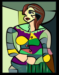 Colorful abstract background, cubism art style, portrait of sitting woman