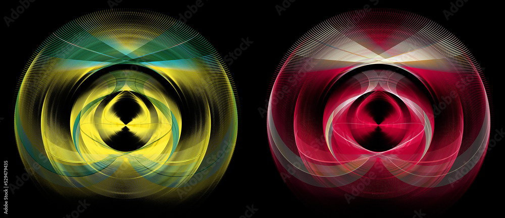 Aufkleber red and yellow rounded three-dimensional elements with colored patterned inserts. set of graphic des