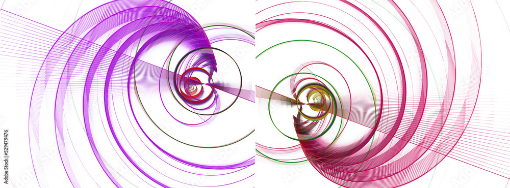 Poster purple and red striped spirals unfold from the center on a white background. set of abstract fractal