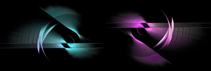 Turquoise and magenta abstract propellers blades rotate on a black background. Set of abstract fractal backgrounds. 3d rendering. 3d illustration.