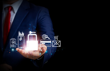 cybersecurity concept and data protection internet technology information privacy Businessman working with modern computer keys protecting network connection of business data and financial.