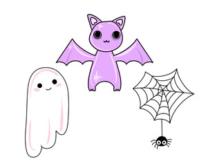 Vector Cute set of halloween icons in flat style. Purple monster, ghost, spider on the web.
