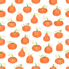 Autumn seamless patterns with pumpkins on white background. Hand drawn flat illustration.