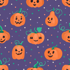 Halloween seamless pattern with Jack o lanterns pumpkins on purple background. Hand drawn flat illustration.