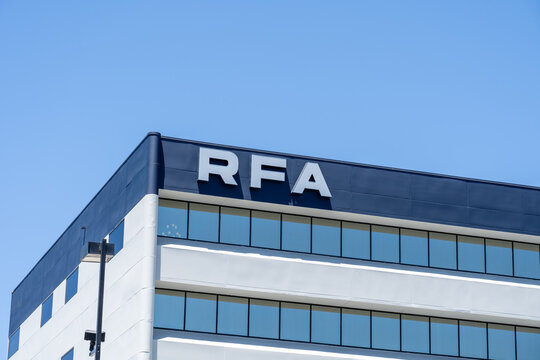  
San Diego, CA, USA - July 9, 2022: RFA building in Sorrento Mesa,  San Diego, CA, USA. RFA is a four-story, multi-tenant office building. 
