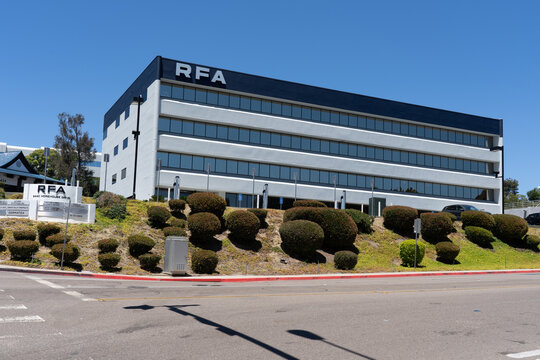  
San Diego, CA, USA - July 9, 2022: RFA building in Sorrento Mesa,  San Diego, CA, USA. RFA is a four-story, multi-tenant office building. 
